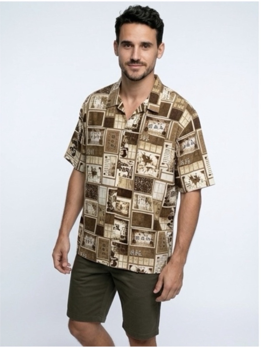 South Pole - Vintage Asian Print Button Up Shirt - Brown Beige Pattern - Size XL